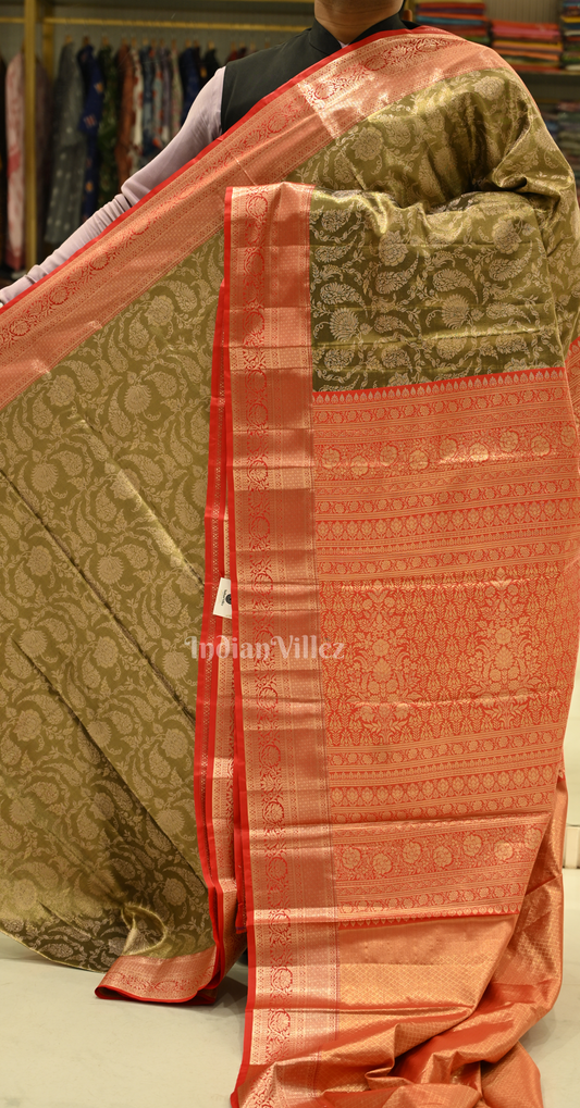 Moss Green Red Paisley Floral Pure Kanjivaram Tissue Silk Saree