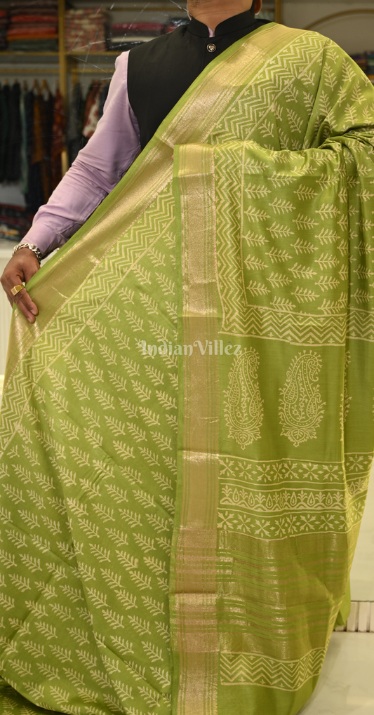 Mehendi Green Block Printed Cotton Saree