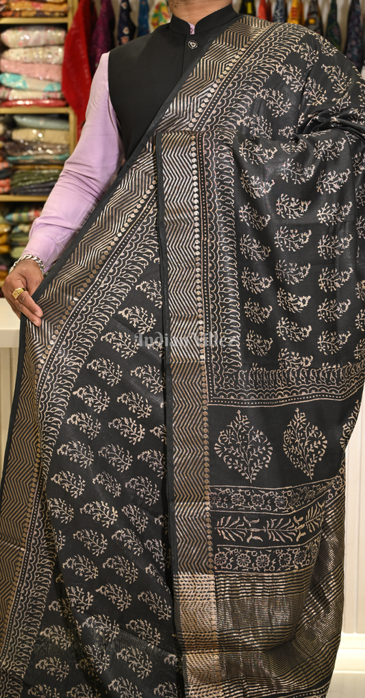 Black Block Printed Cotton Saree