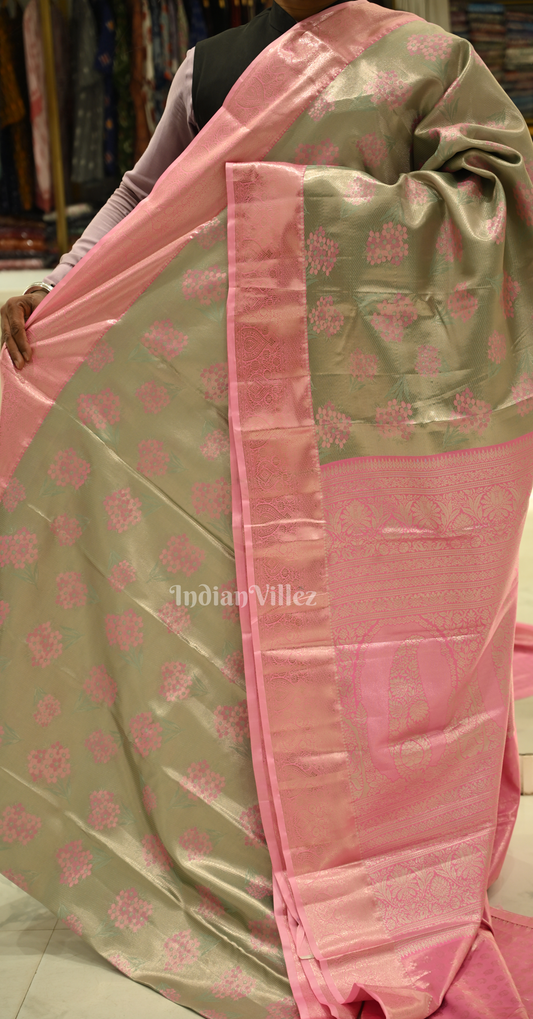 Olive Green Pink Pure Kanjivaram Tissue Silk Saree