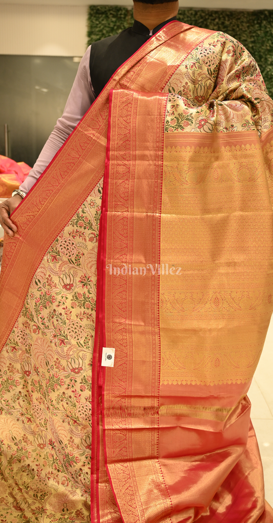 Golden Red Floral Brocade Pure Kanjivaram Tissue Silk Saree