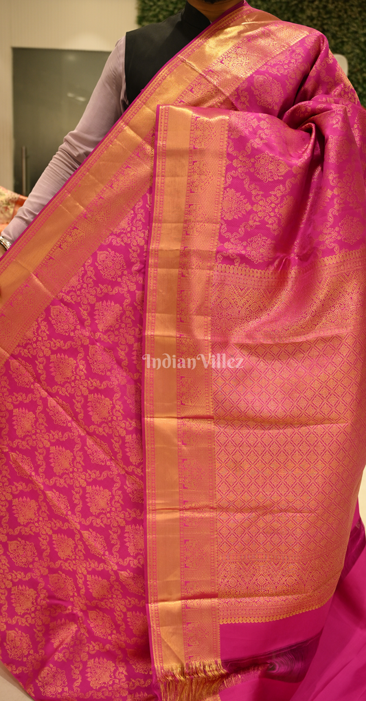 Exclusive Rani Pink Golden Floral Brocade Pure Kanjivaram Silk Saree