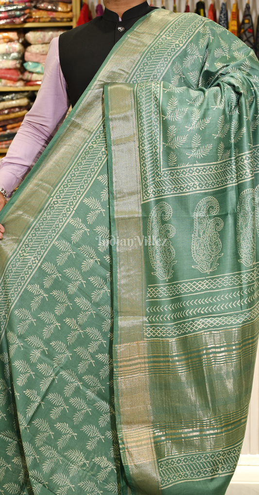 Teal Green Block Printed Cotton Saree