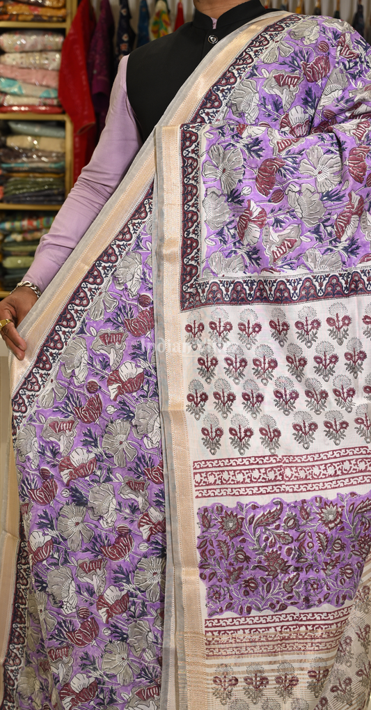 Light Purple Block Printed Sanganeri Cotton Saree