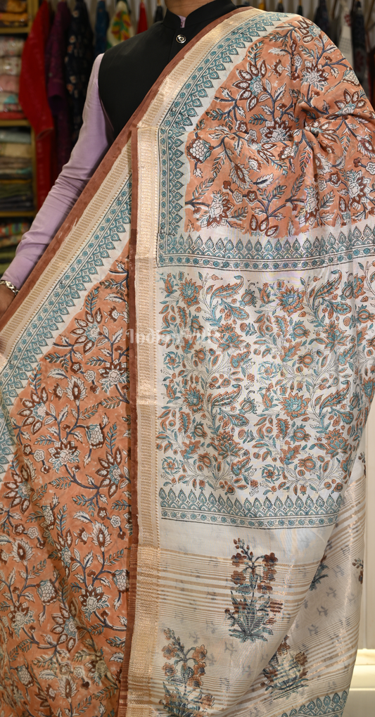Light Orange Block Printed Sanganeri Cotton Saree