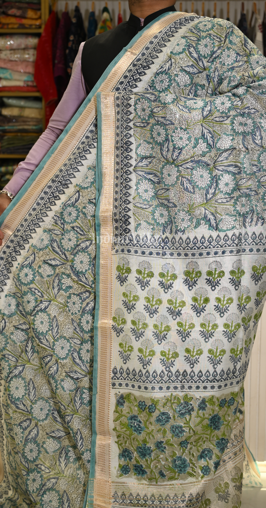 Grey with Multi Colour Block Printed Sanganeri Cotton Saree