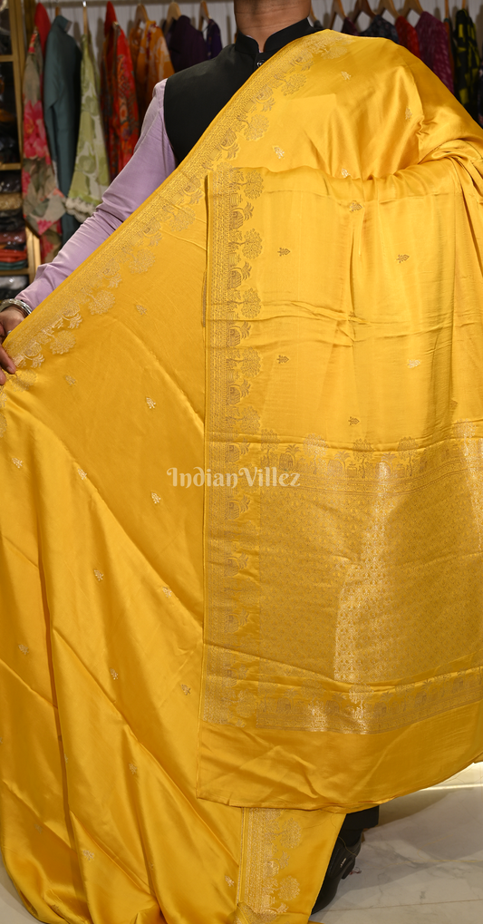 Mustard Yellow Floral Motif Pure Mashru Satin Silk Banarasi Saree