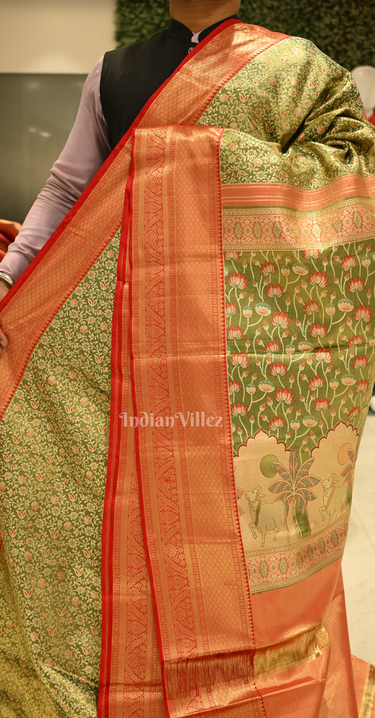 Exclusive Mehendi Green Red Pure Kanjivaram Tissue Silk Saree