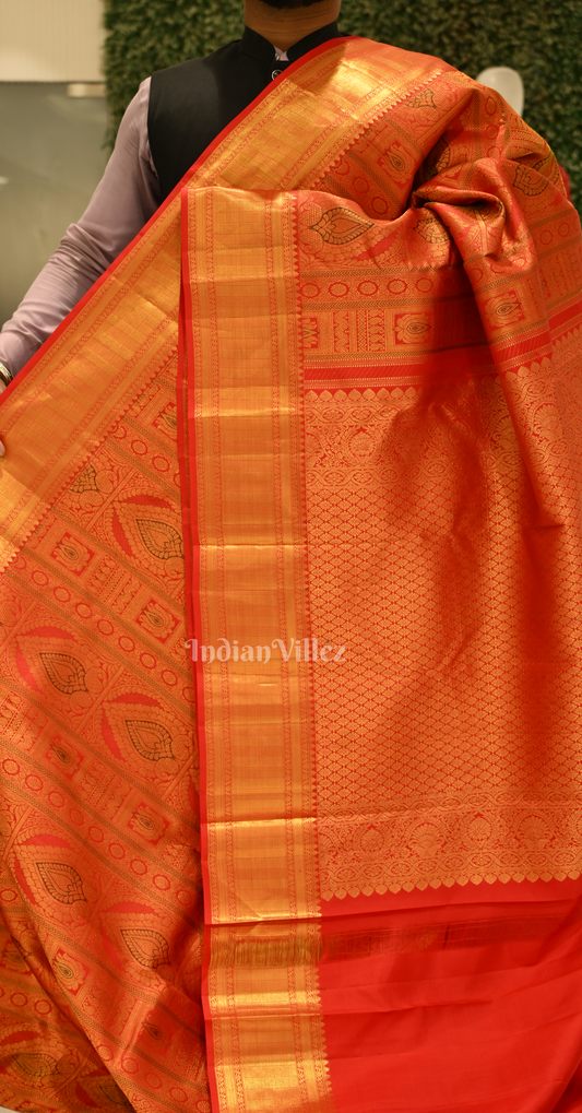 Exclusive Orange Red Lotus Motif Brocade Pure Kanjivaram Silk Saree