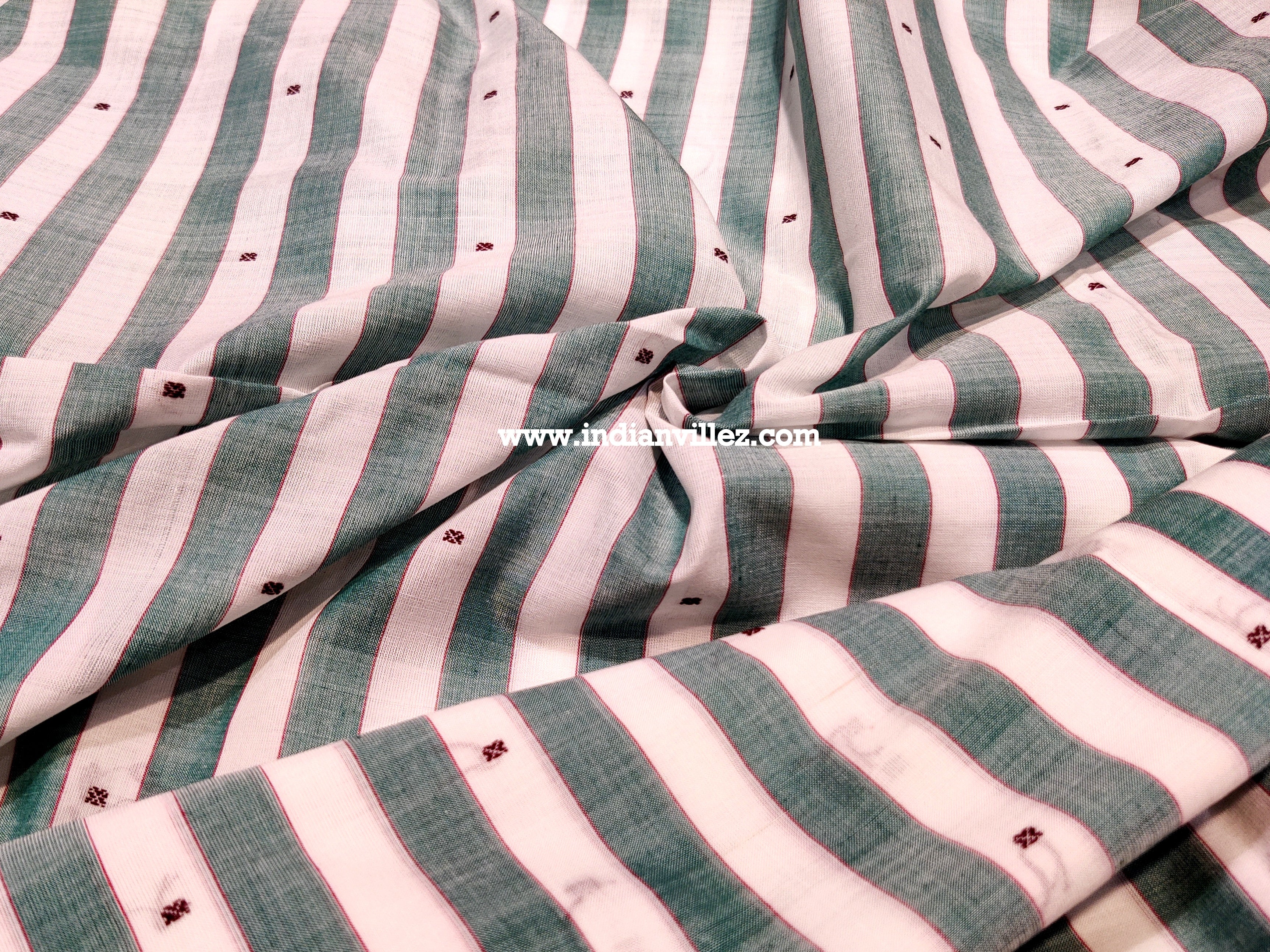White with Green Stripes Bomkai Cotton Handloom Fabric - IndianVillèz