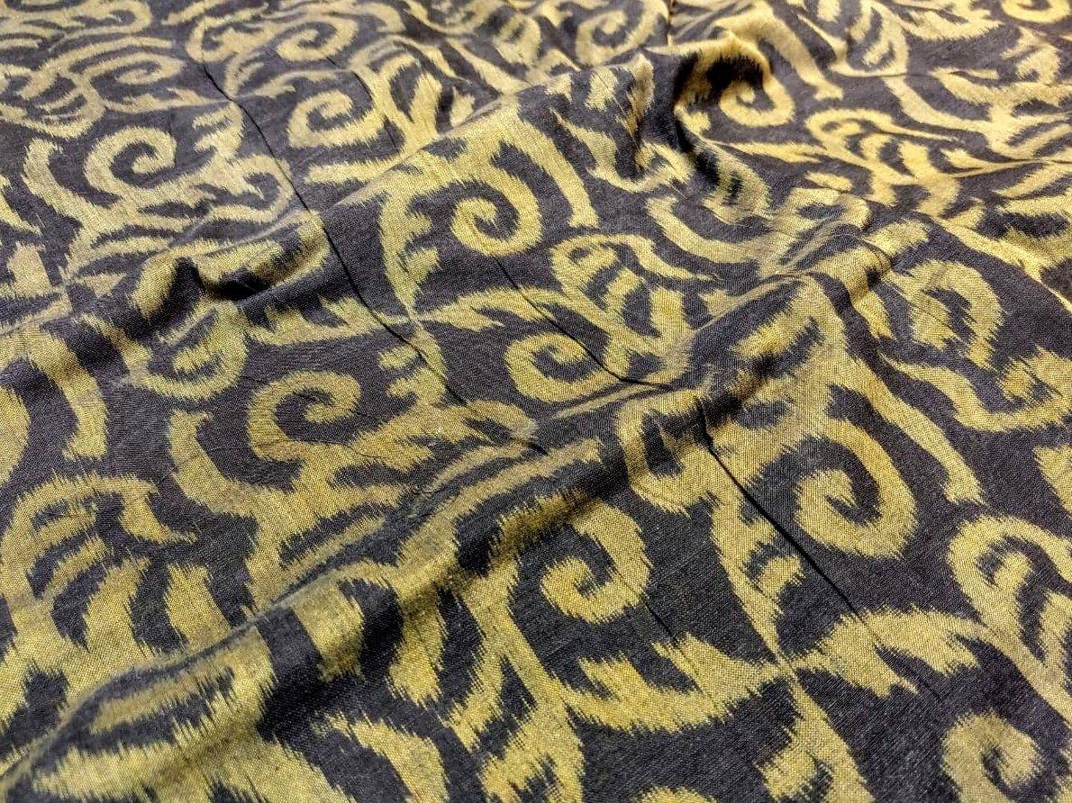 Black Base with Golden Spiral Motif Cotton Ikat Handloom Fabric - IndianVillèz