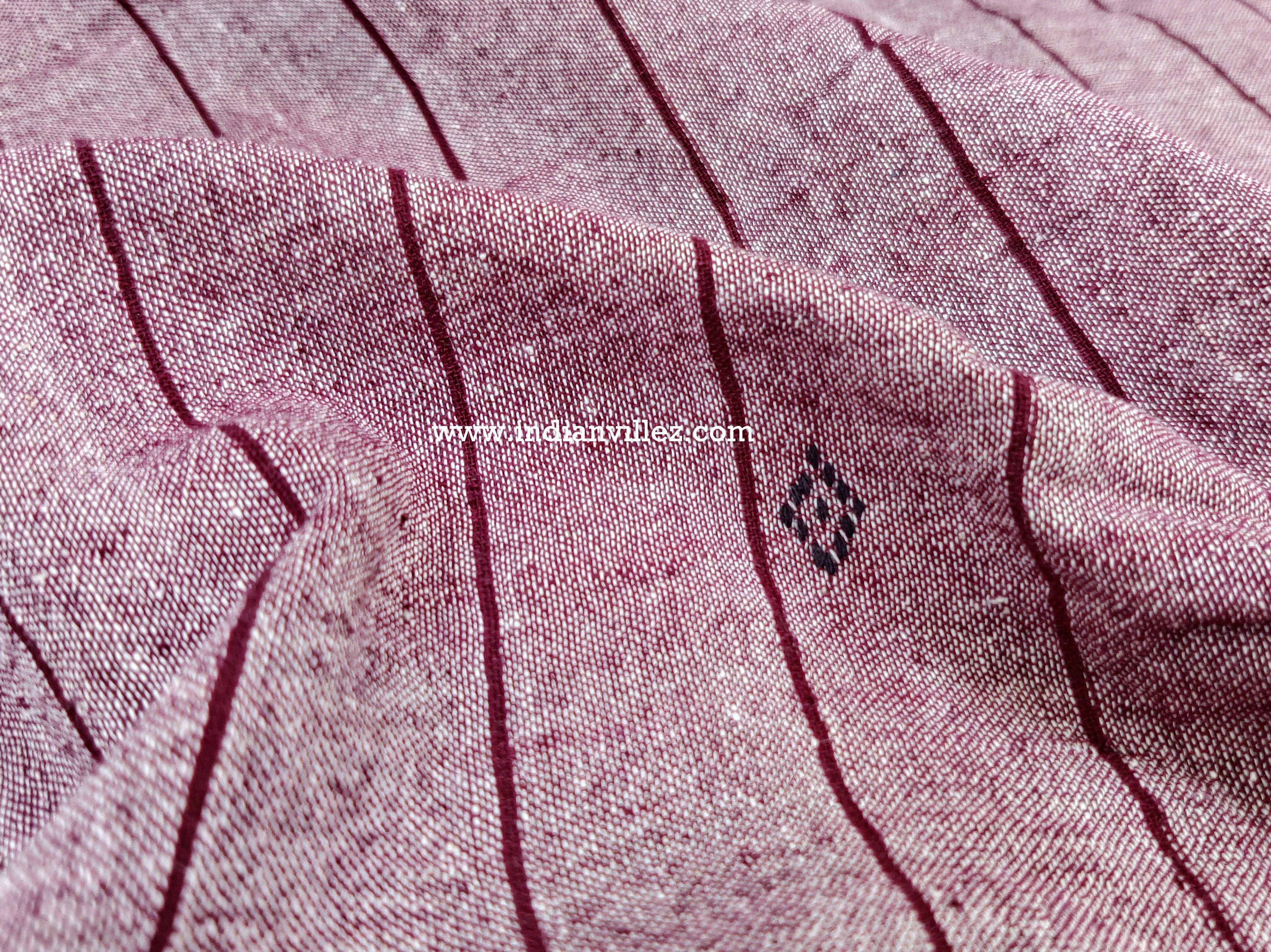 Salmon Pink with Maroon Stripes Kotpad Handloom Fabric - IndianVillèz
