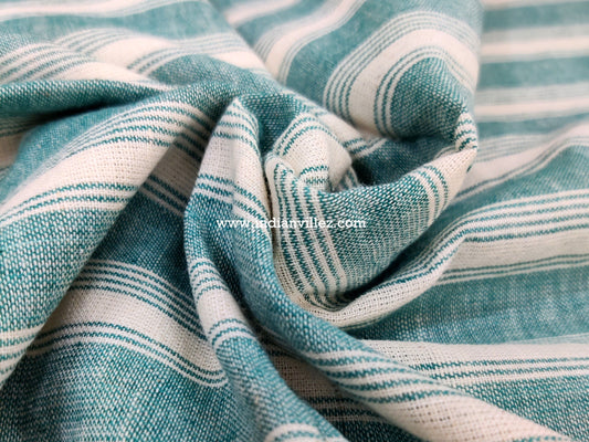 Off White with Turquoise Stripes Kotpad Handloom Fabric - IndianVillèz