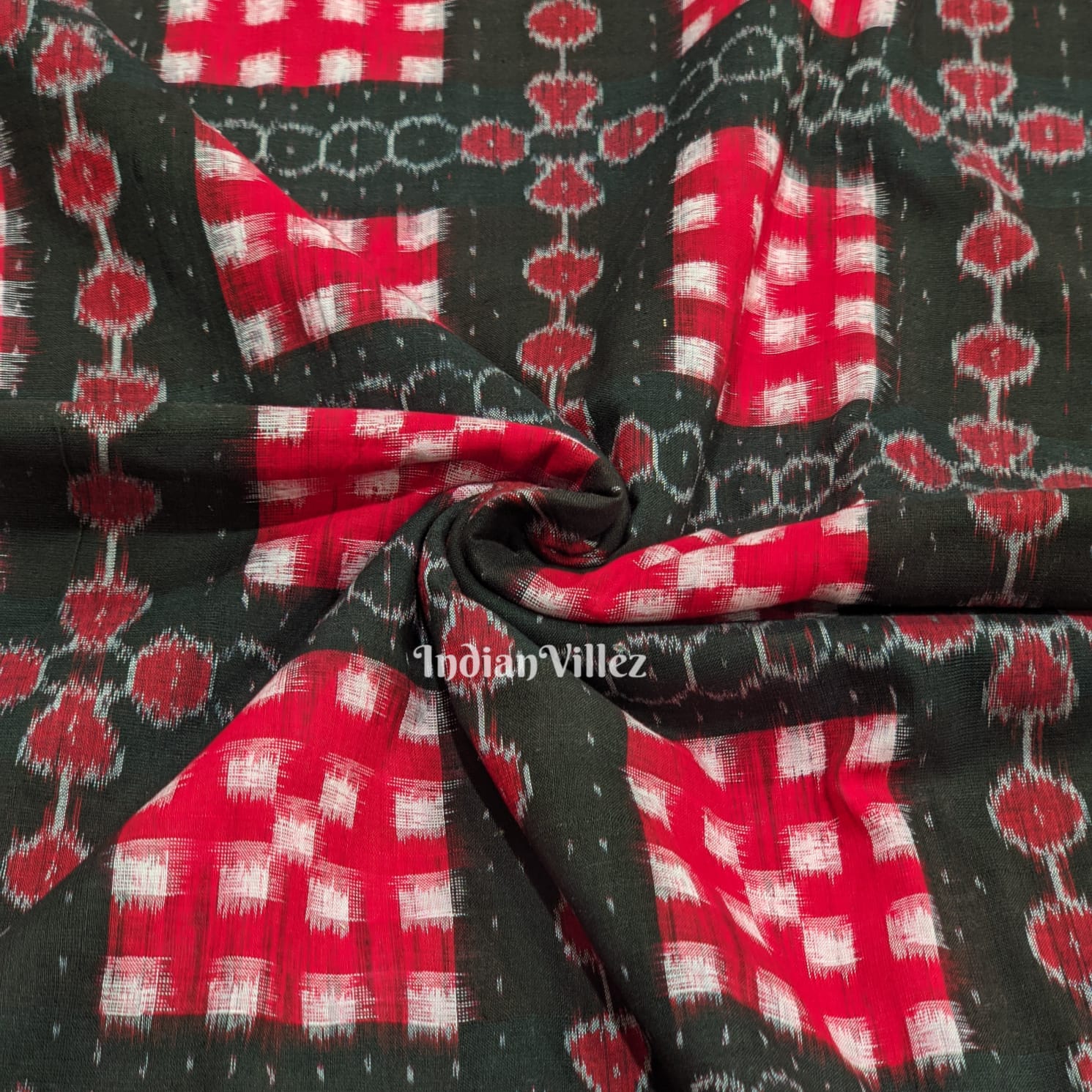 Black Red Pasapali Theme Sambalpuri Ikat Cotton Fabric
