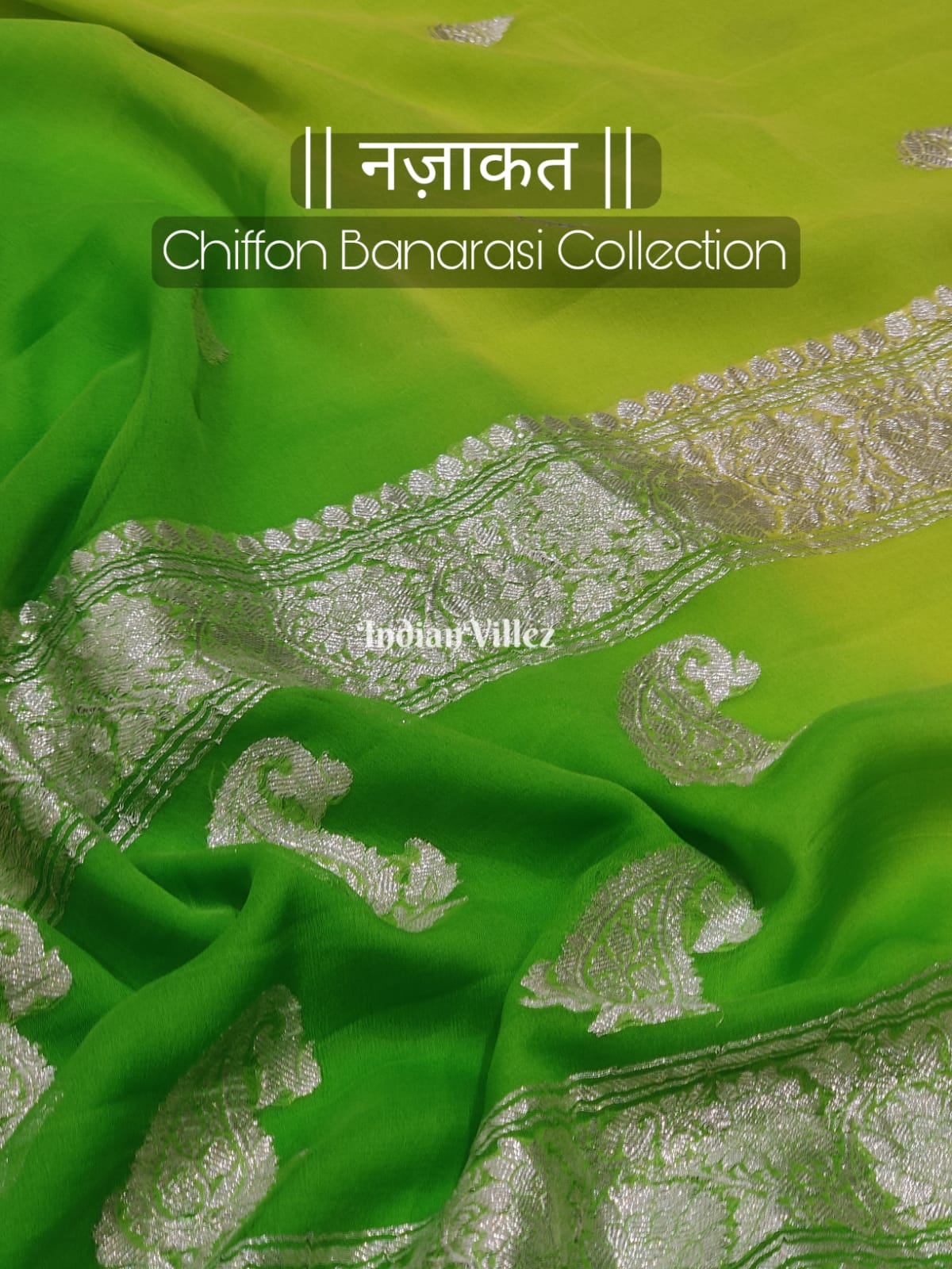 Green Lemon Yellow Khaddi Chiffon Banarasi Handloom Saree