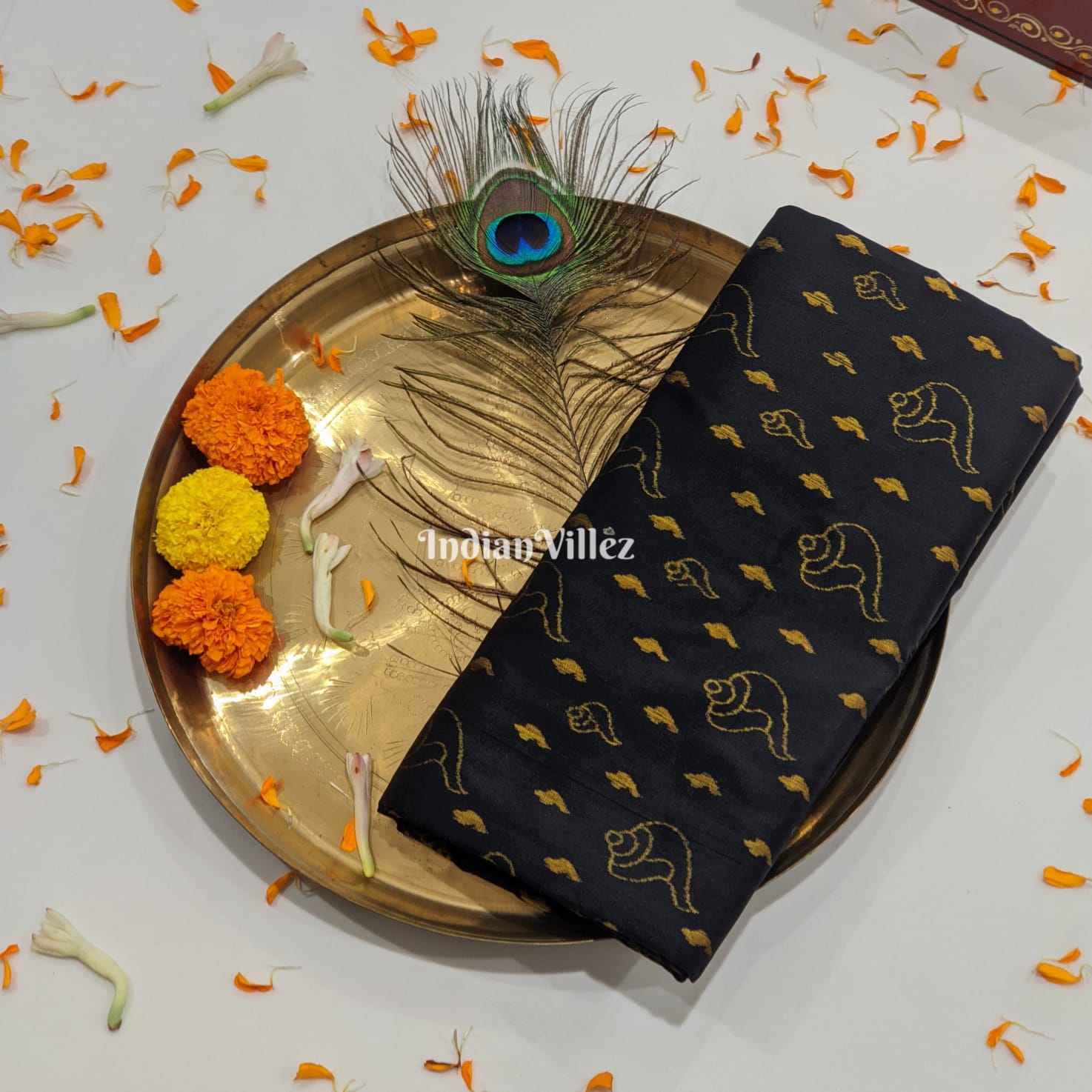 Black Golden Sankha Vishnu Mantra Sambalpuri Ikat Silk Saree