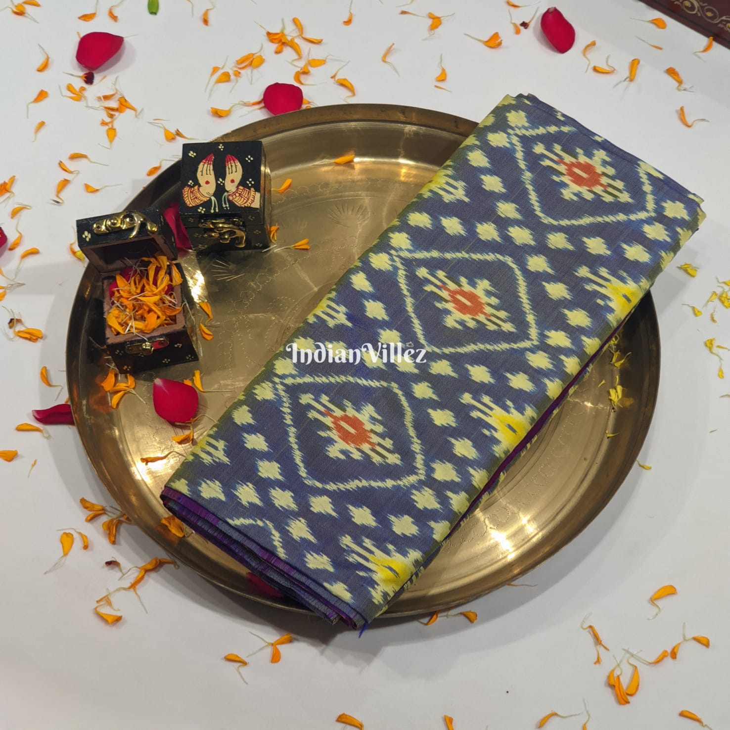 Blue Lemon Yellow Pochampally Ikat Silk Saree