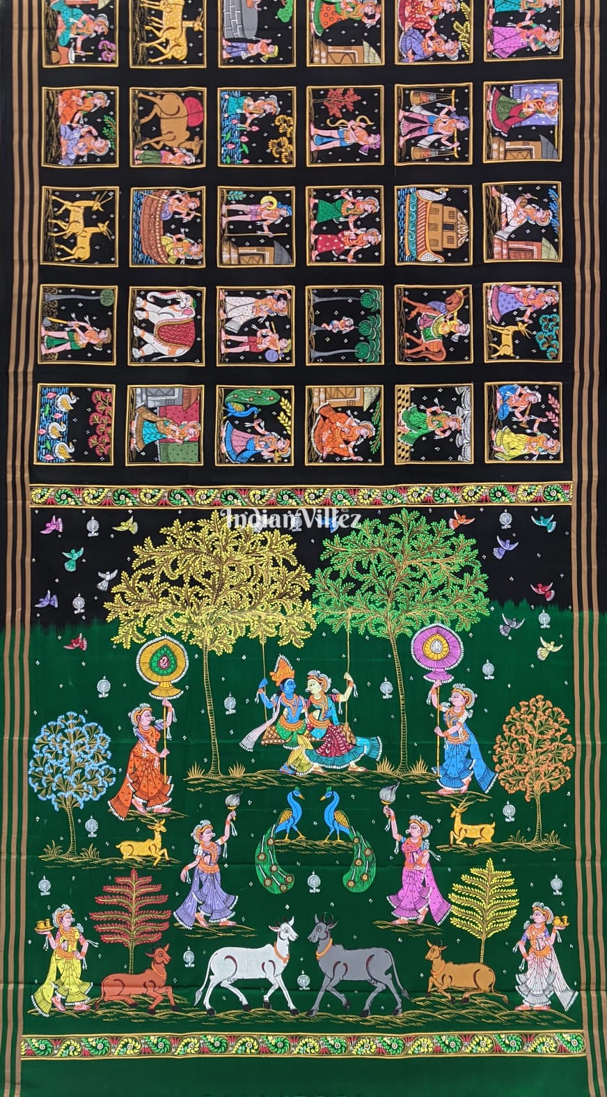 Green Box Design Krushna Leela Pattachitra on Kanjivaram Silk Saree