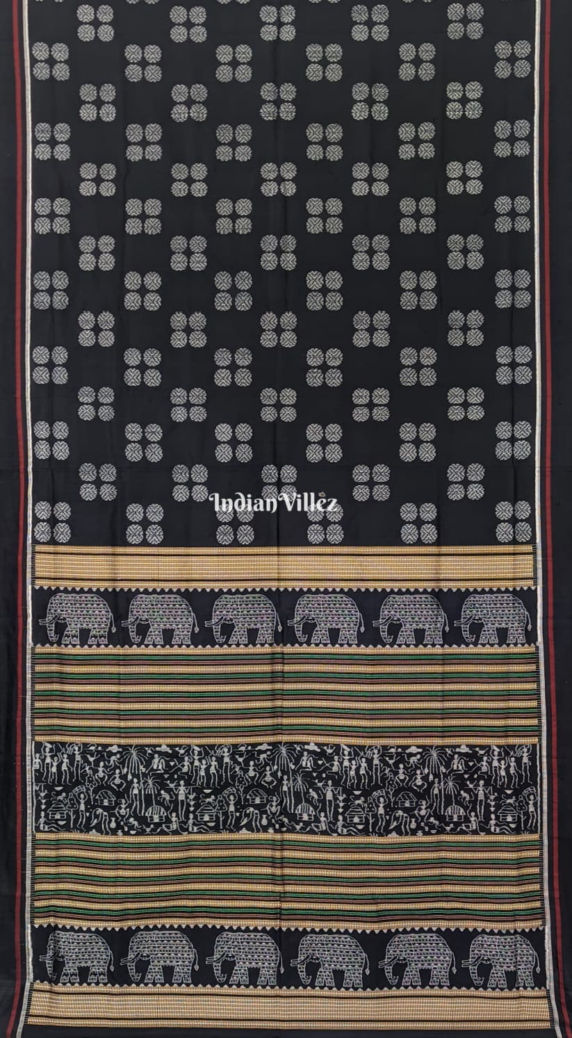 Black Round Rudraksha Elephant Sambalpuri Ikat Handloom Saree