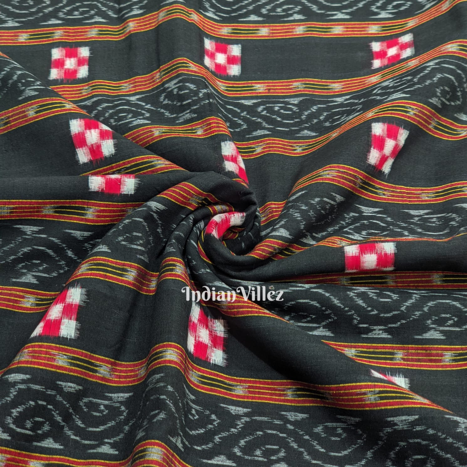 Black Pasapali Motif Cotton Ikat Sambalpuri Fabric