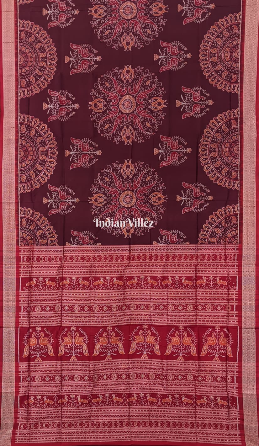 National Award Nominated Brown Red Peacock Bird Sambalpuri Silk Saree