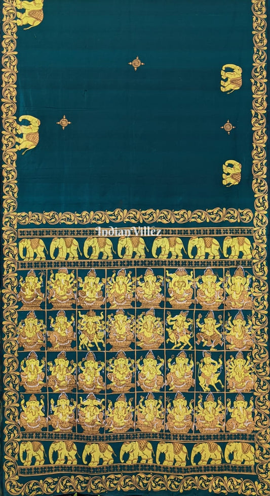 Bottle Green Shree Ganesh Pattachitra Art Silk Saree