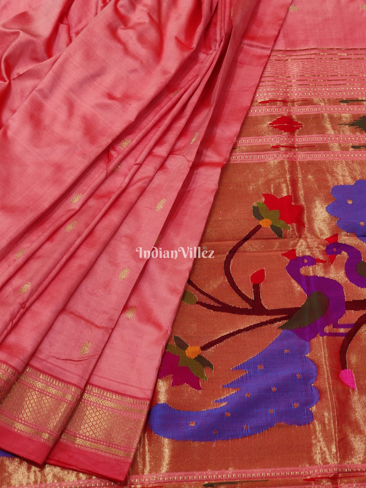 Peach Paithani Silk Saree - IndianVillez