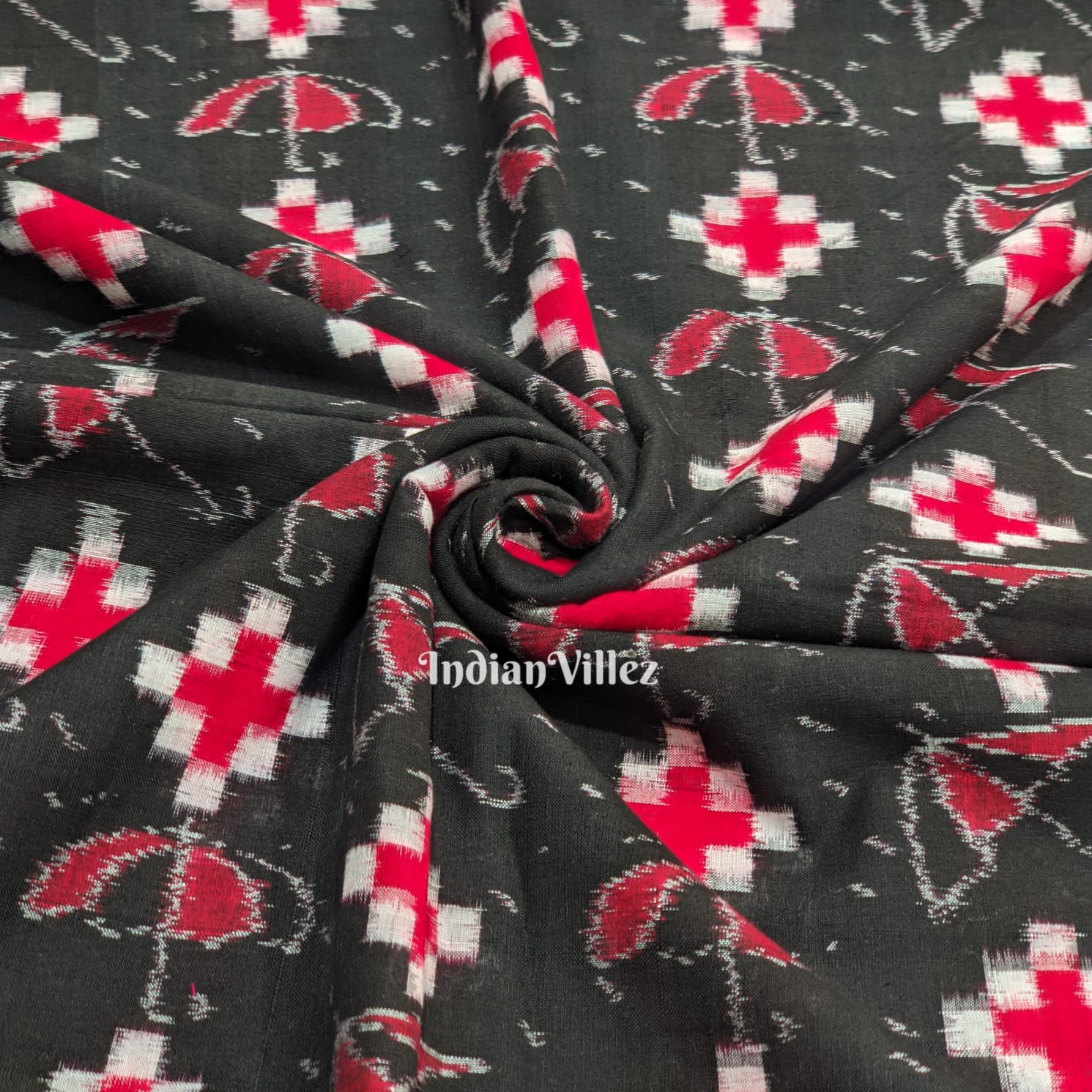 Black Pasapali Motif Odisha Ikat Sambalpuri Cotton Fabric