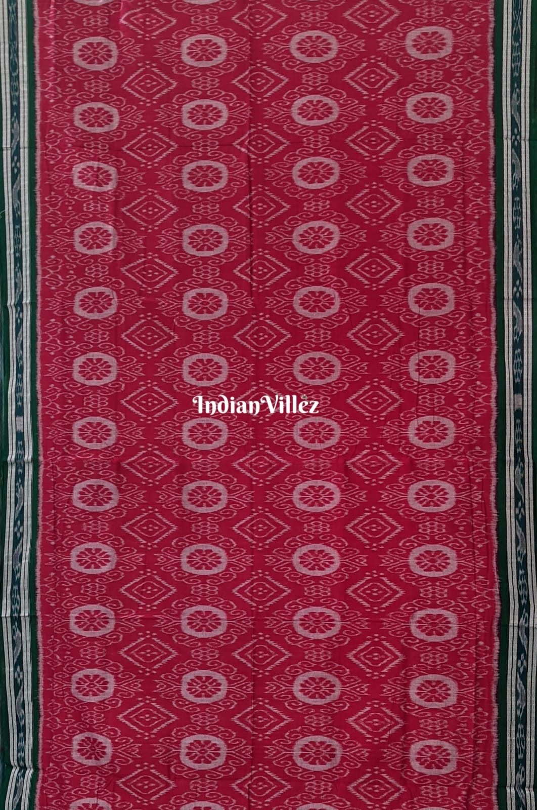 Maroon with Green Anchal Sambalpuri Ikat Maniabandha Cotton Saree