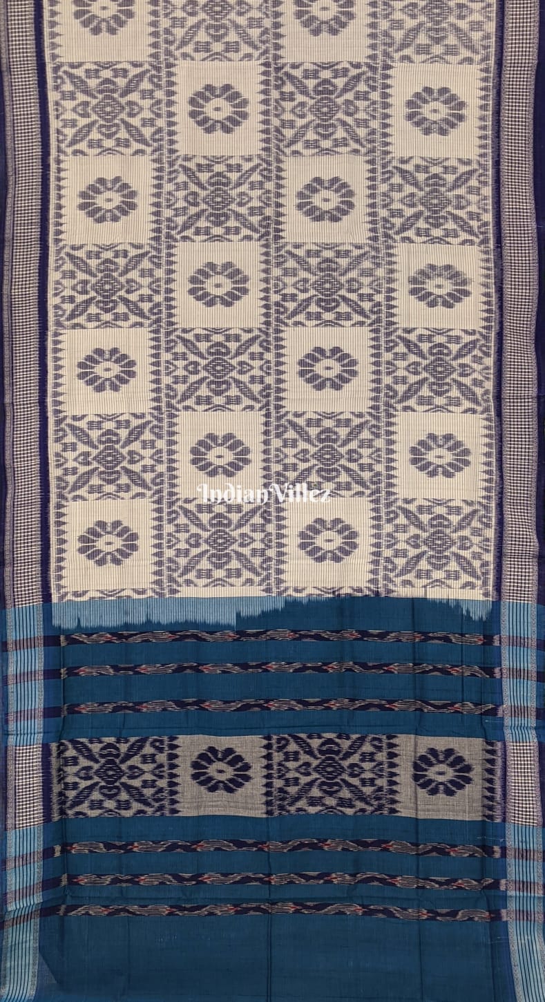 White Blue Computer Design Maniabandha Cotton Saree
