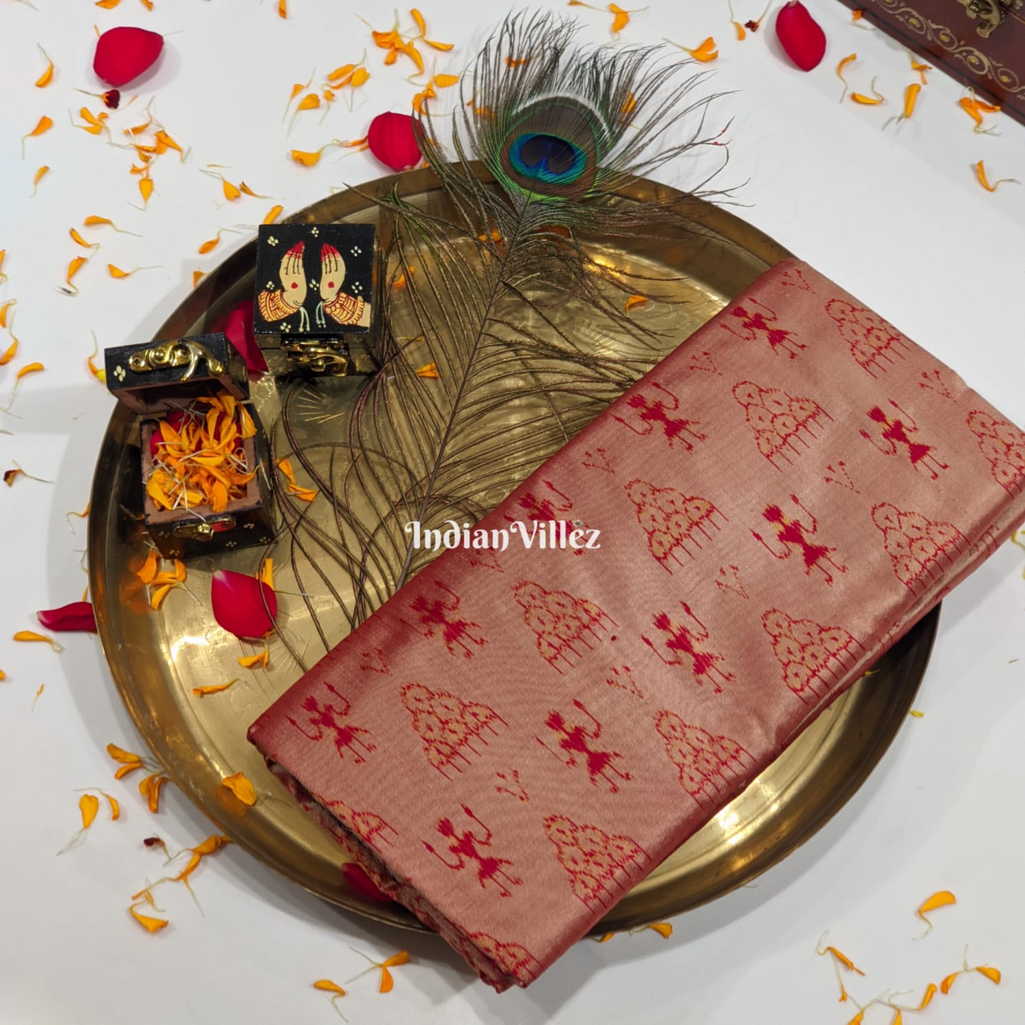 Peach Odisha Ikat Natural Dyed Sambalpuri Silk Saree