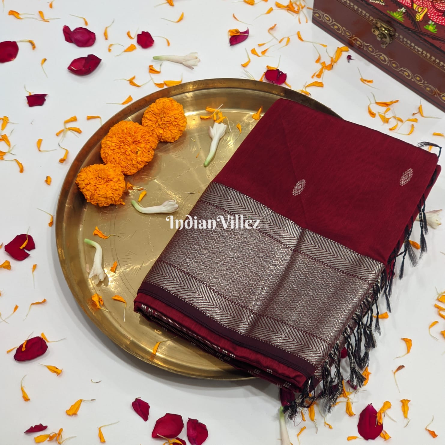 Dark Maroon Maheshwari Handloom Cotton* Silk Saree