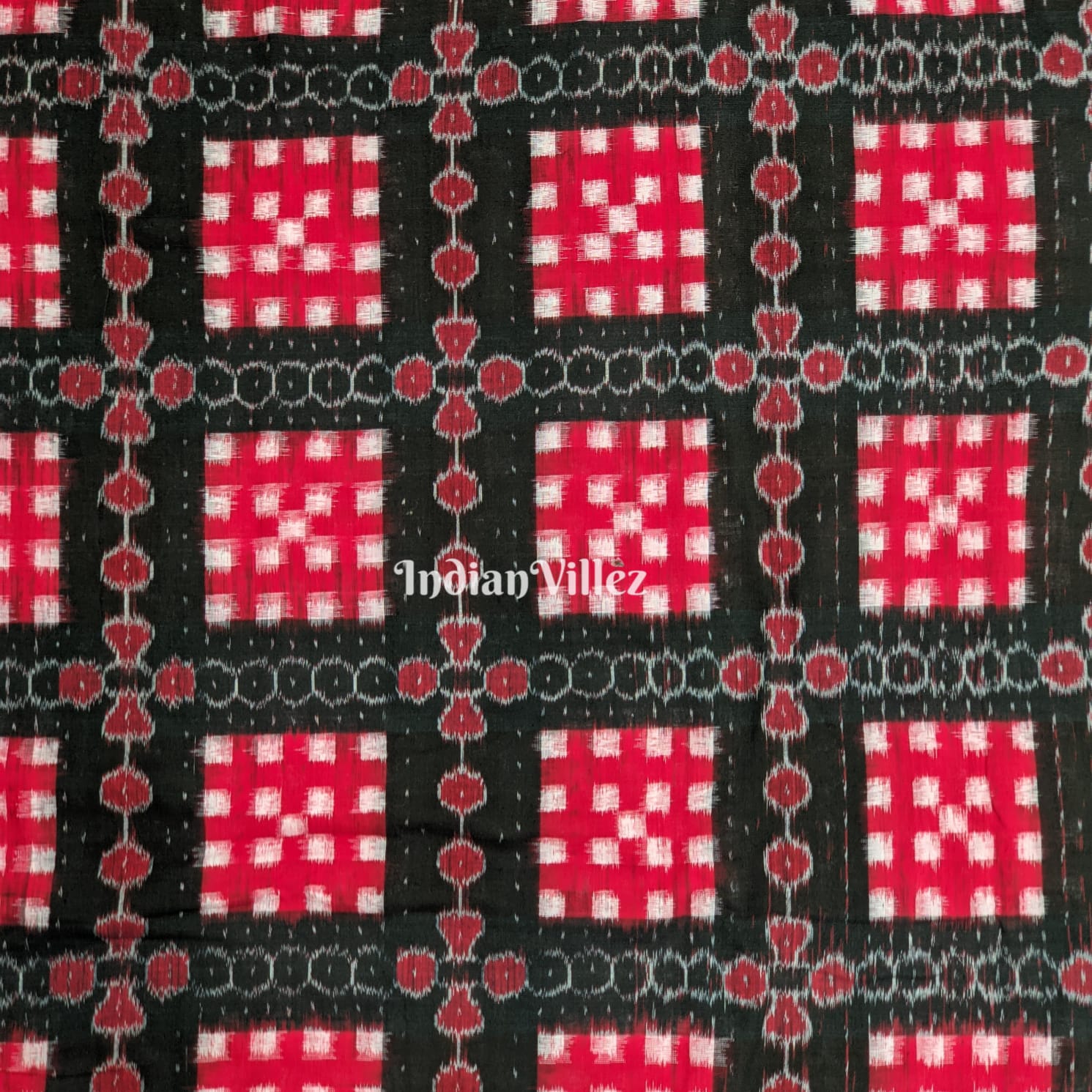 Black Red Pasapali Theme Sambalpuri Ikat Cotton Fabric