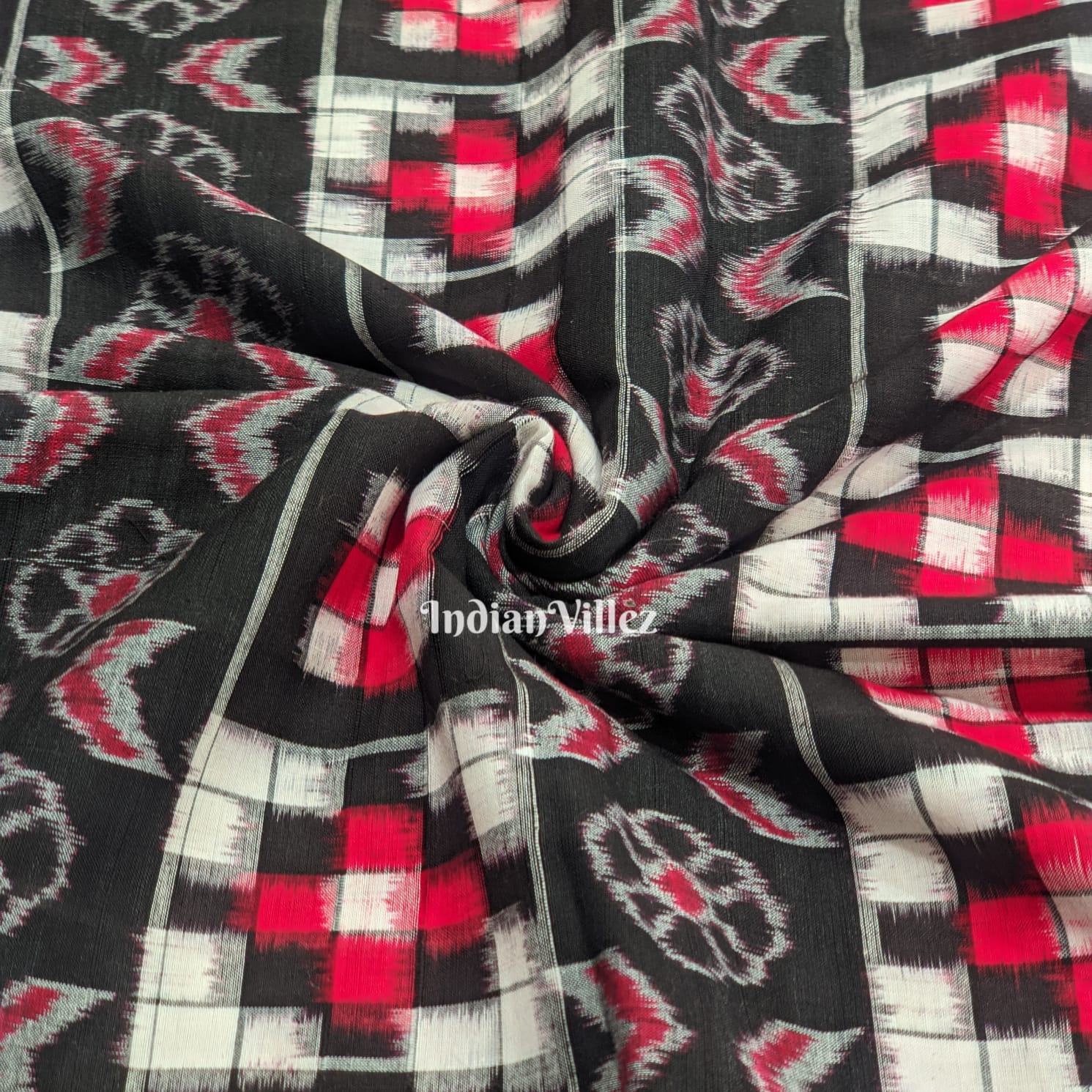 Black Red Pasapali Theme Sambalpuri Ikat Cotton Fabric