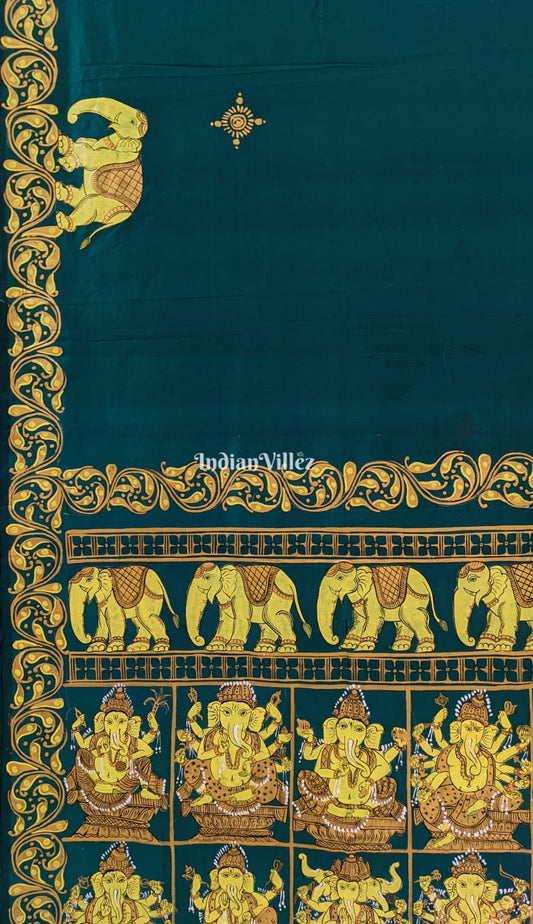 Bottle Green Shree Ganesh Pattachitra Art Silk Saree