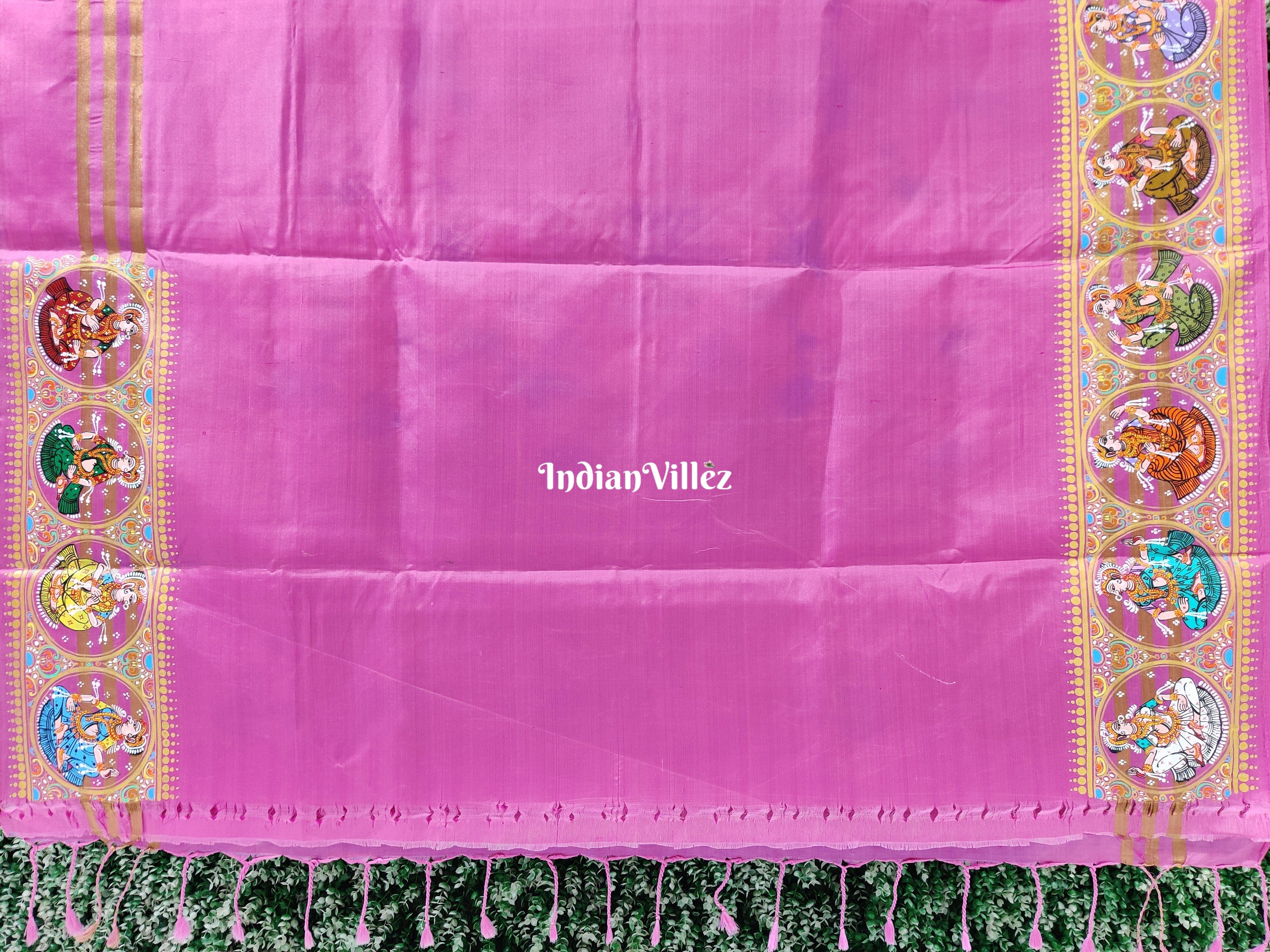 Bubblegum Pink Kandarpa Ratha Chariot Pattachitra on Kanjivaram Silk Saree