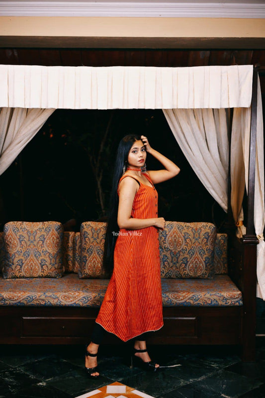 Orange Stripes Middle Slit Kotpad Cotton Handloom Kurti