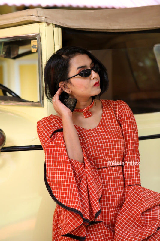 Orange Checks With Bell Sleeves Kotpad Handloom Cotton A-Line Dress