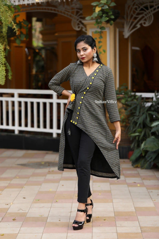 Black Checkered Kotpad Handloom Cotton Kurti for Women