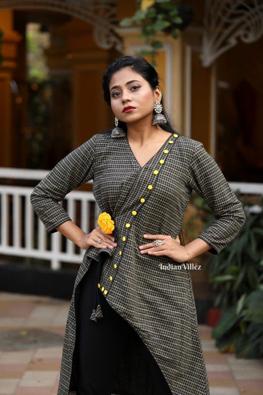 Black Checkered Kotpad Handloom Cotton Kurti for Women