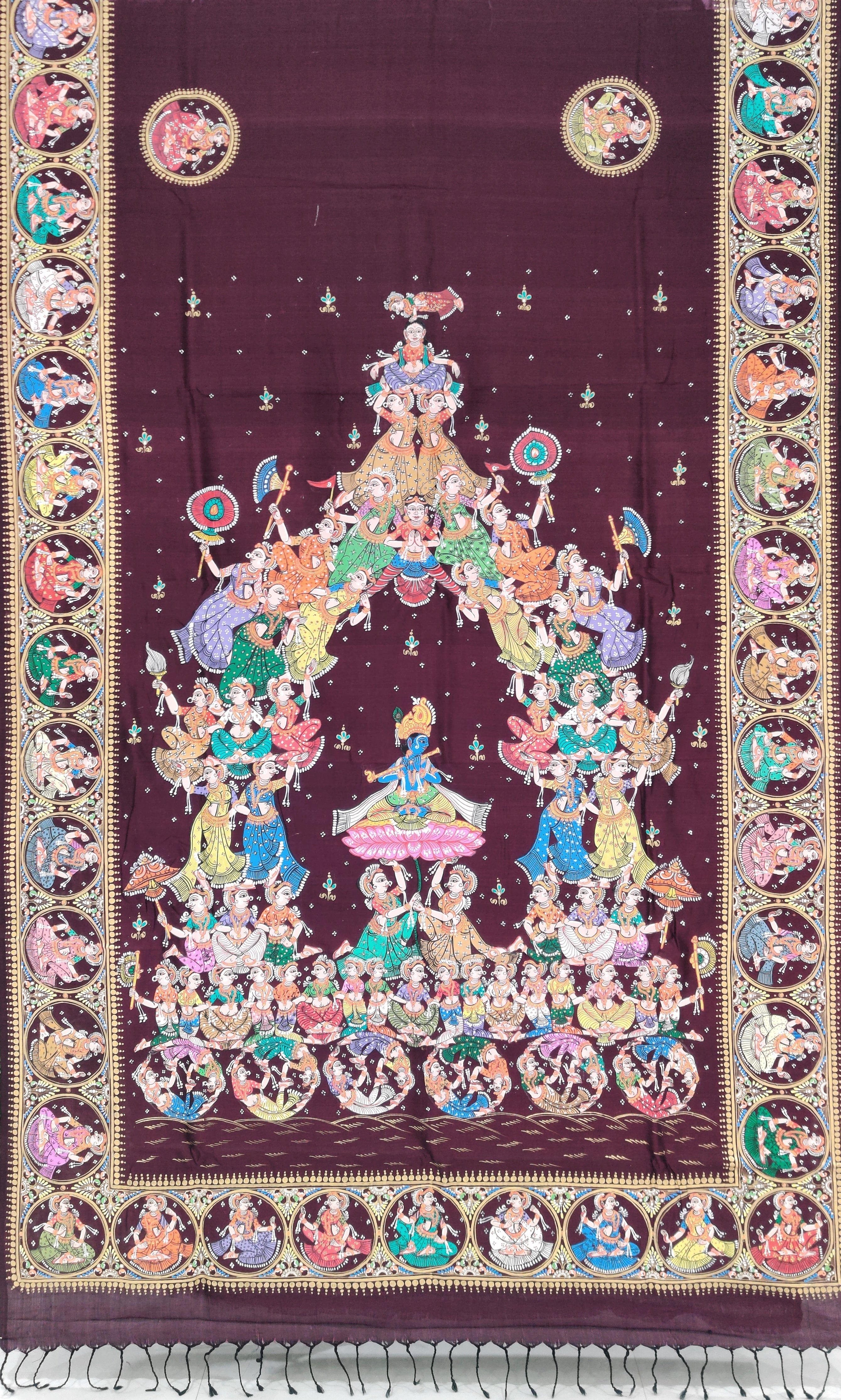 Dark Maroon Kandarpa Ratha Chariot Pattachitra on Kanjivaram Silk Handloom Saree