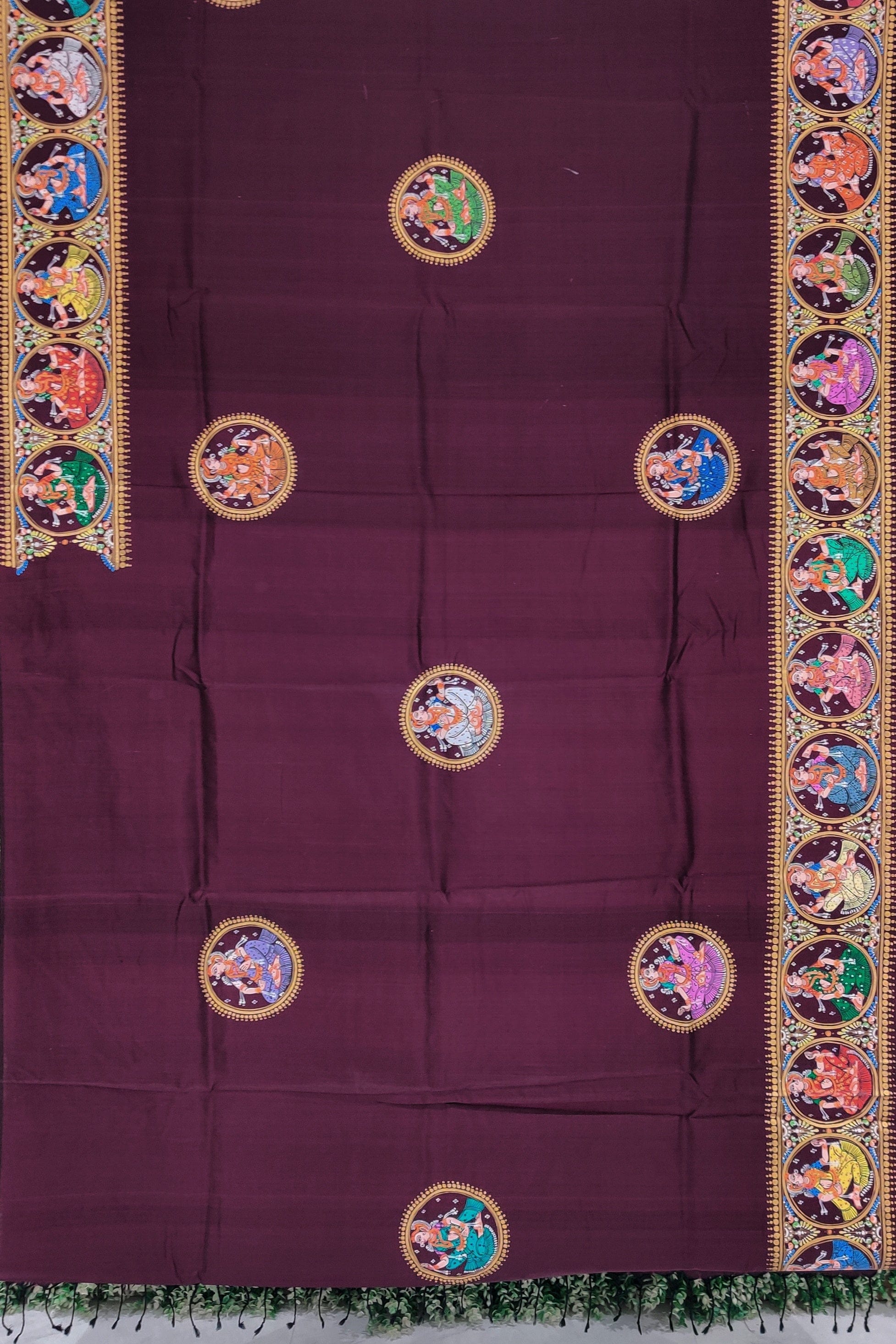 Dark Maroon Kandarpa Ratha Chariot Pattachitra on Kanjivaram Silk Handloom Saree