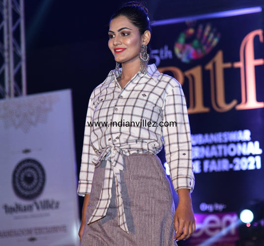 Beige Kotpad Handloom Checkered Shirt With Tie-Up