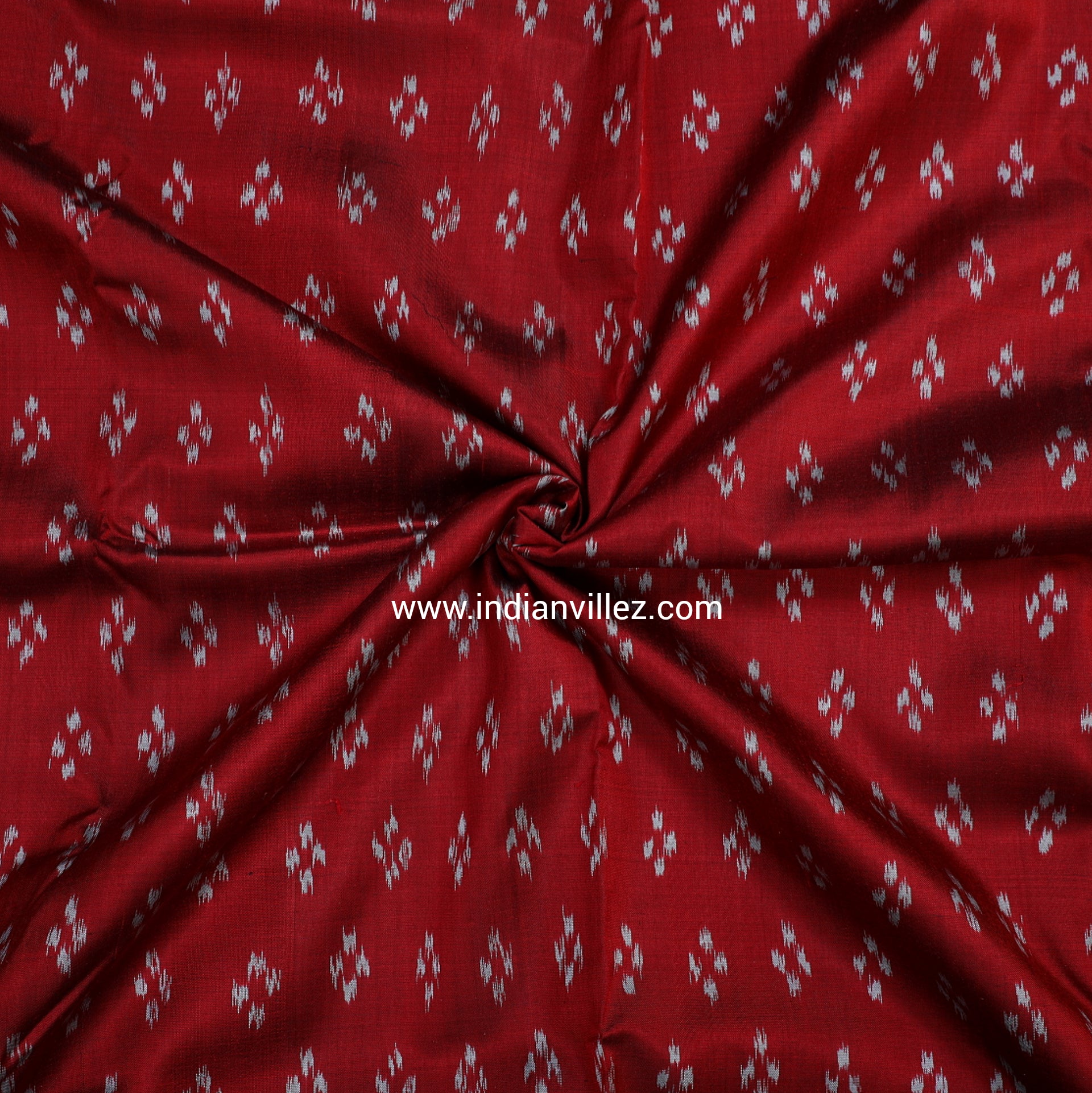 Maroon with White Booti Silk Ikat Handloom Fabric - IndianVillèz
