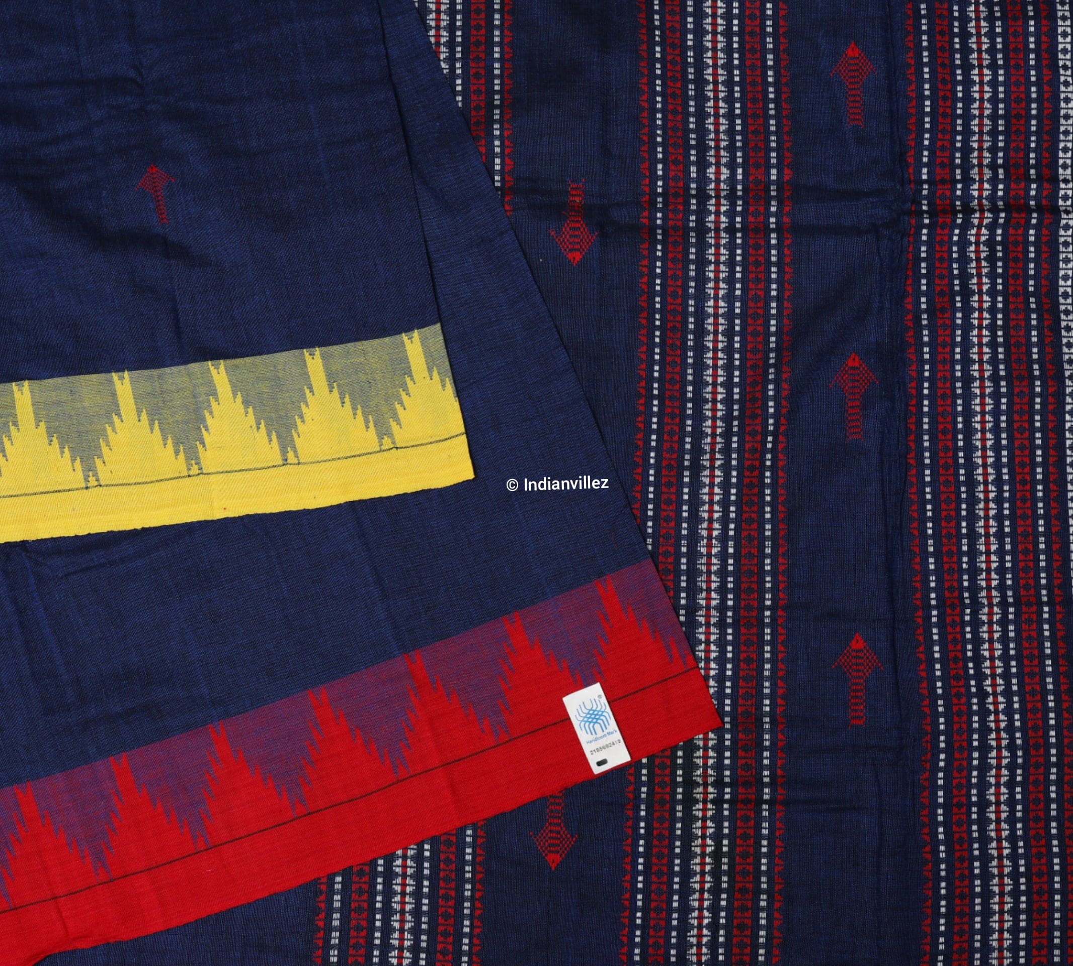 Navy Blue With Yellow & Red Borders Natural Dye Kotpad Saree