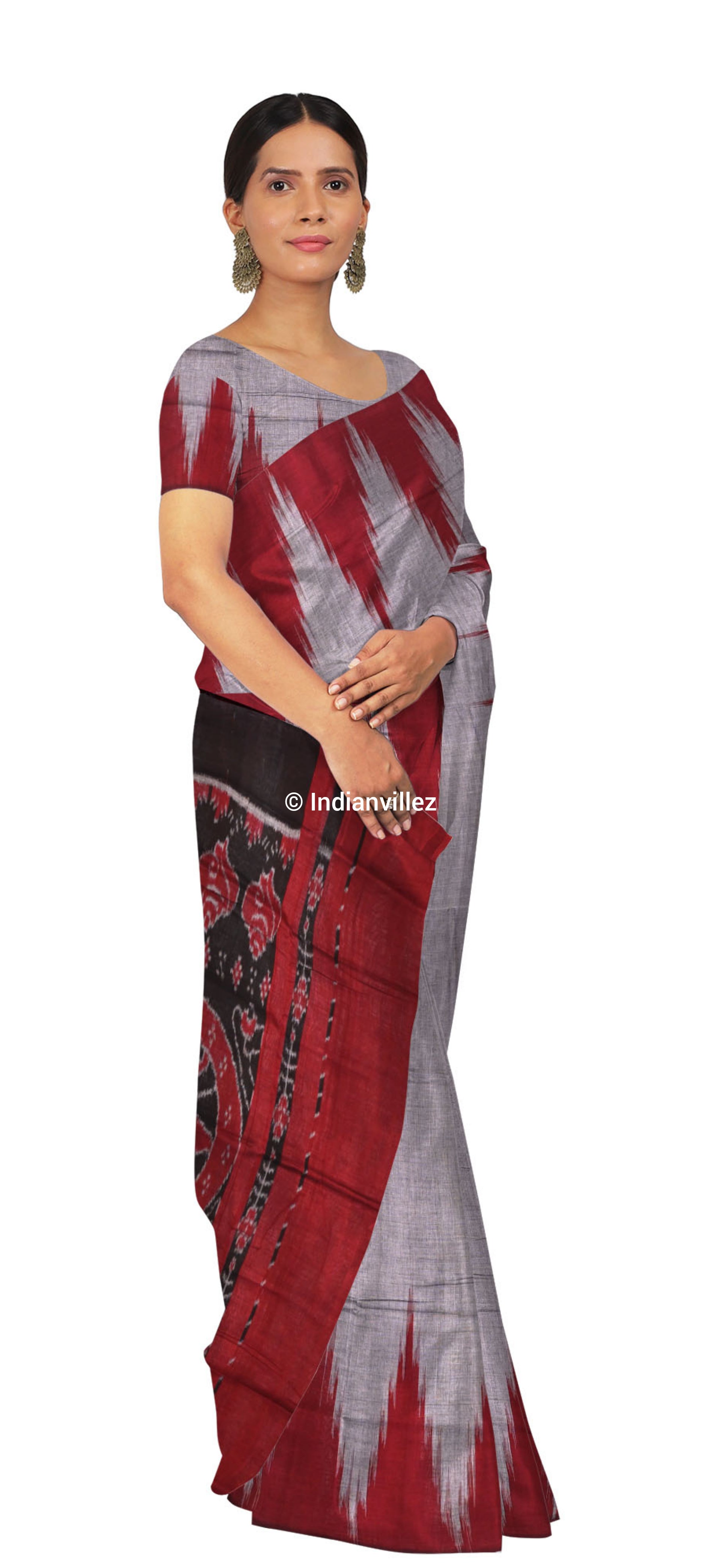 Grey Red Kargil Kumbha Odisha Handloom Cotton Saree