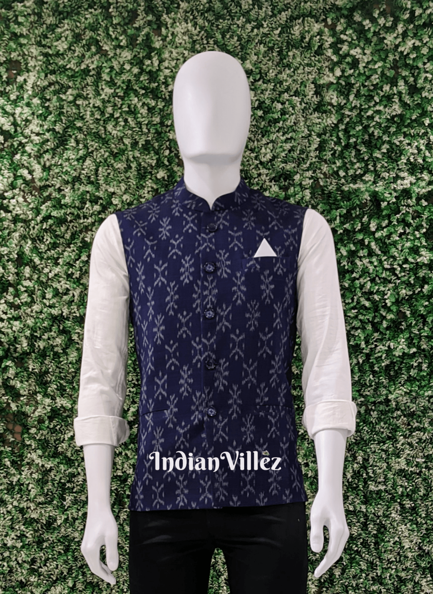 Blue Pure Cotton Ikat Half Bandi Jacket for Men