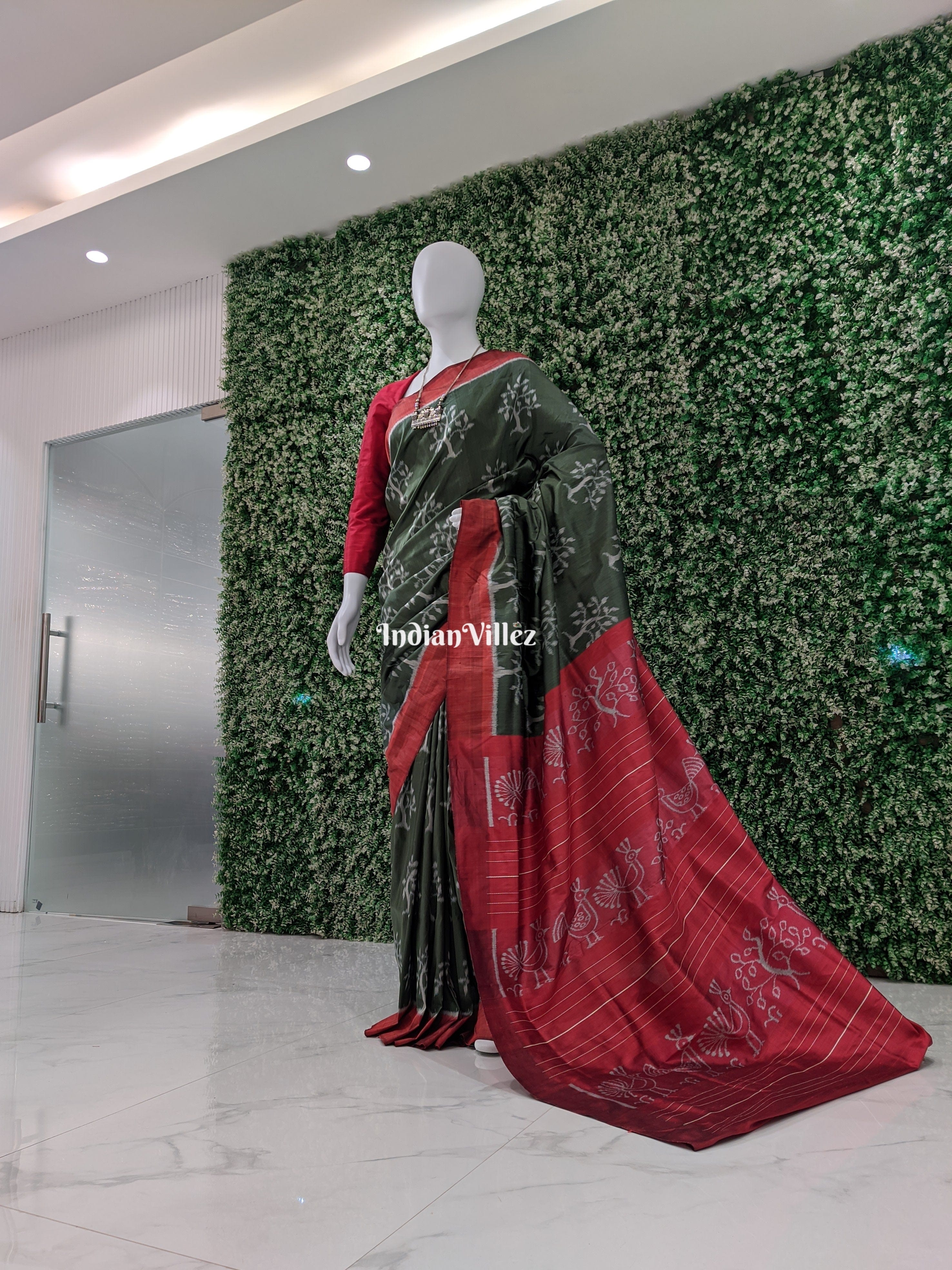 Grease Green Tree Motifs Contemporary Odisha Silk Saree