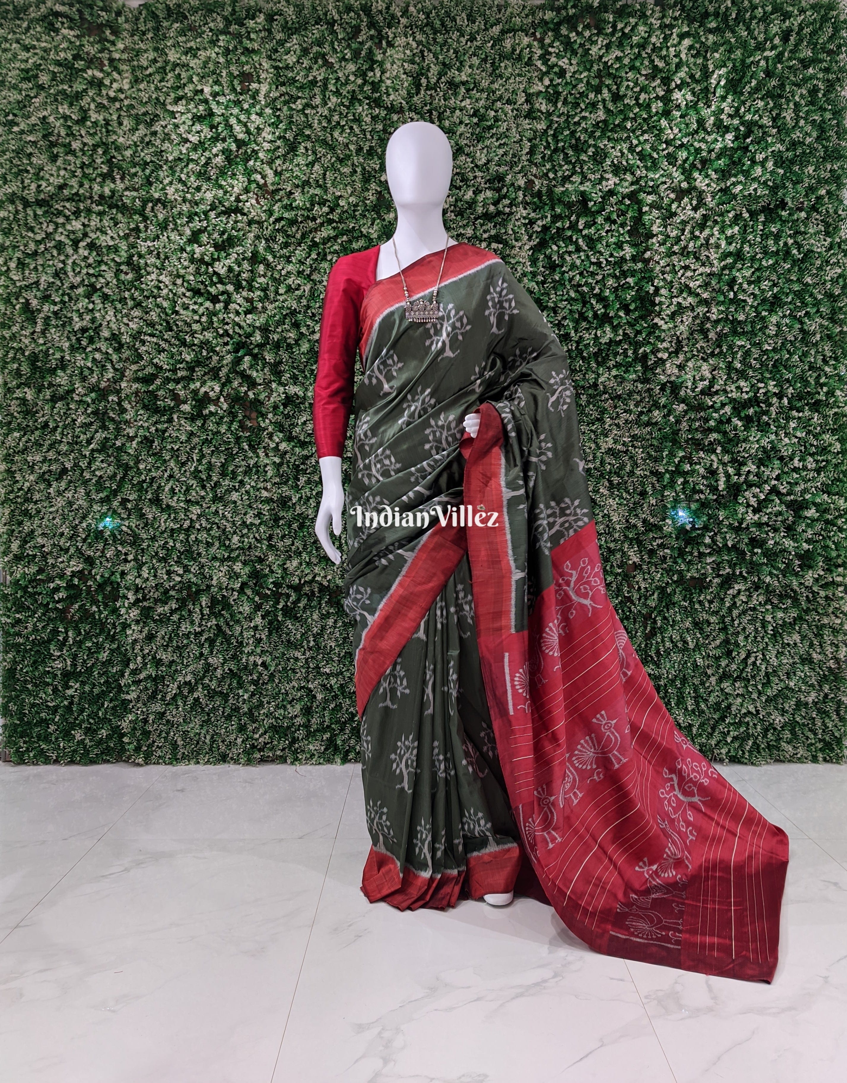 Grease Green Tree Motifs Contemporary Odisha Silk Saree