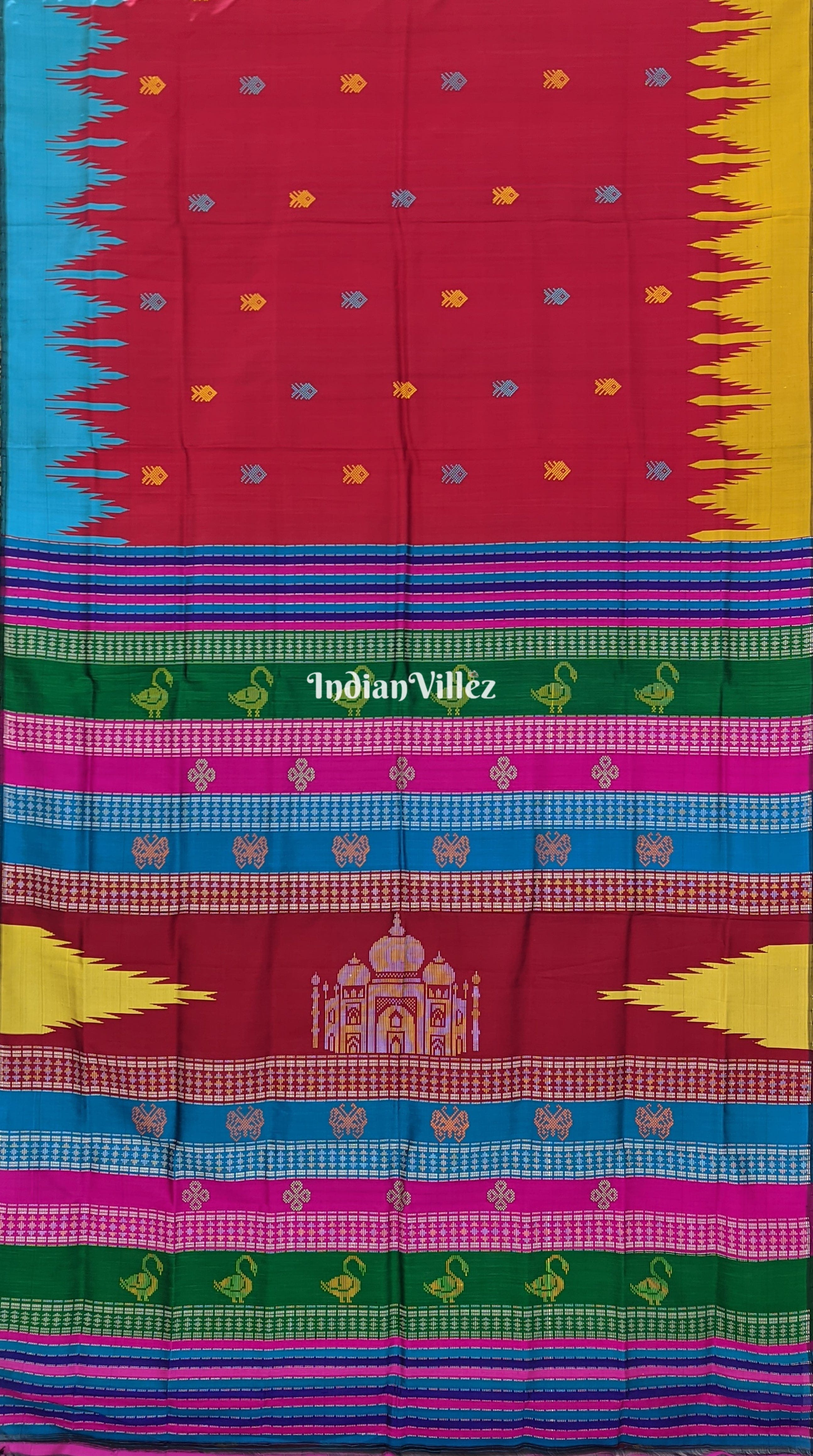 Red Taj Mahal Odisha Handloom Berhampuri Single Pallu Silk Saree